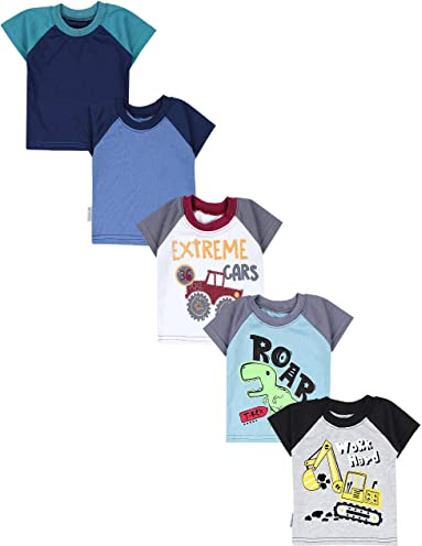 TupTam Baby Jungen Kurzarm T-Shirt mit Aufdruck Unifarben Sterne Streifen 5er Set, Farbe: Bagger Monster Tuck Dino Grau Blau Grün, Größe: 98