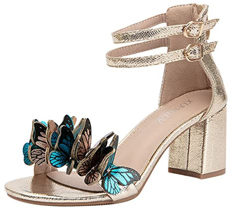 Tacchi Alti da Donna Sandali con tacco grosso con decorazione a farfalla da donna Sandali casual con cinturino in strass Bling Sandali aperti con diapositive Tacchi Alti da Donna (Gold, 37)