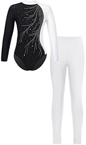 iEFiEL Mädchen Turnanzug Glitzer Gymnastik Leotard Langarm Akrobatik Anzug Tanzkostüme Turnbody Jumpsuit mit Sport Leggings Za Weiß 134-140