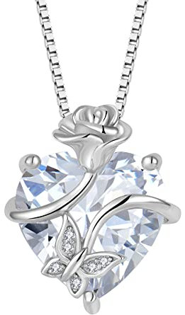 FJ Collier Papillon pour Femme Argent Sterling 925 Collier Coeur Pendentif Pierre de Naissance Avril Collier Fleur Rose Bijoux Cadeaux pour Femme Épouse Maman Fille