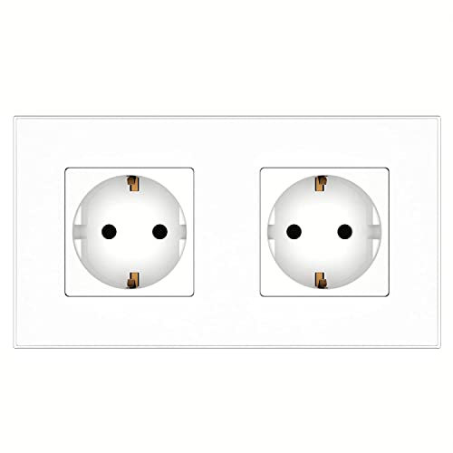 PULSAR Doppelsteckdose Unterputz 2 Fach Weiß Glas, Schuko Steckdose 230V / 16A EU-Standard Wandsteckdose Doppelt 157x86mm mit Kindersicherung