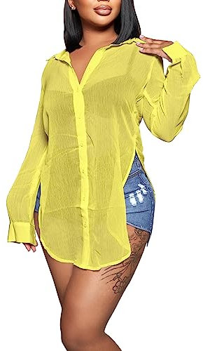 Womens Sheer Button Up Blouse Sexy Long Sleeve Mesh See Through Shirts Tops, B Neon Yellow, L