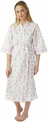 iTRONiK NEW Ladies Floral Poly Cotton Nightdress Floral Dressing Gown Robes Wrap Size 10-30 Plus Size Pink Lilac or Blue (Pink, 24-26)