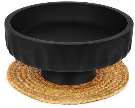 URBANHUT Wooden Fruit Bowl with Jute Placemats -Decorative Rustic Bowls for Table Décor, Dining Table, and Kitchen Centerpiece Lakehouse, 11-inch Large Bowls- Mango Wood- Black- Pedestal (FB_03_02)
