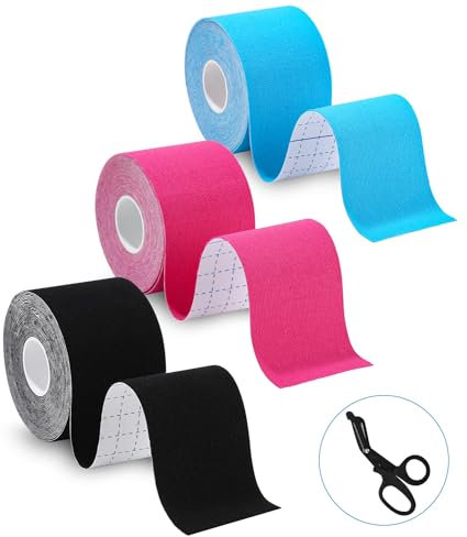 TIDEVAN 3 Rouleaux Bandes de Kinésiologie 5 m x 5 cm Ruban Adhésif de Kinésiologie Bande Sportive avec Ciseaux Spéciaux pour Genou Articulations et Maintien Musculaire Soulager la Douleur (3 Couleur)