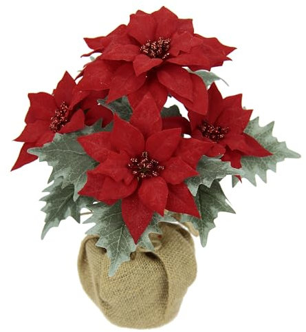 Künstliche Blume Poinsettie im Jute-Topf Weihnachtsstern Christstern Weihnachtsdeko Weihnachtsblume Blumenschmuck Kunstblume Weihnachtliche Dekoblume Zweig X'Mas Strauß Geschenk Deko Adventsstern