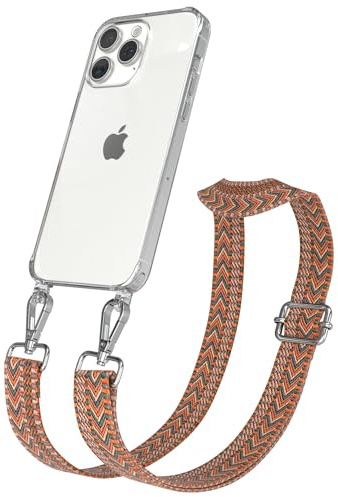 EAZY CASE Handykette - Verstellbares Taschenband kompatibel mit iPhone 15 Pro Max, Schulterriemen, Handykordel mit Silikon Hülle, Umhängetasche, Orange Grün Silber