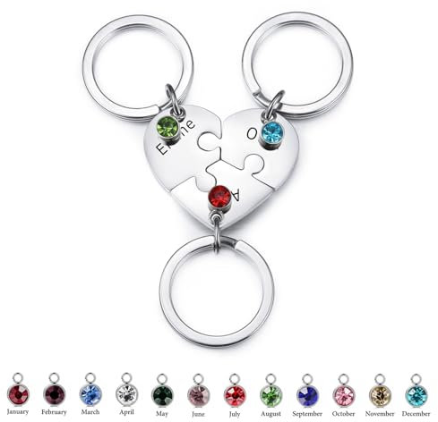 INBLUE Personnalisé 2-5 Noms Coeur Puzzle Pièce En Acier Inoxydable Porte-clés Ensemble Nom Personnalisé Porte-clés Cadeaux pour Les Femmes (Argent - 3 pièces & Pierres de Naissance)