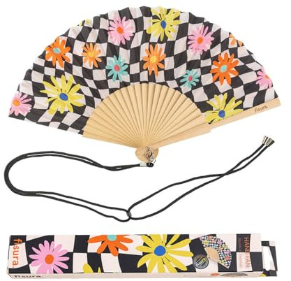 Fisura - Originaler Fächer mit geometrischem Muster und Blumen. Moderner und farbenfroher Holzfächer. Fächer mit Fächerhalter. Maße: 42,5 x 23 Zentimeter.