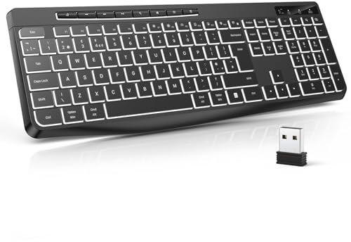 TECURS Wireless Keyboard White Backlit, 2.4G Silent Keyboard Wireless Gaming with Multimedia Keys for Windows/Mac/PC, QWERTY UK Layout, Black