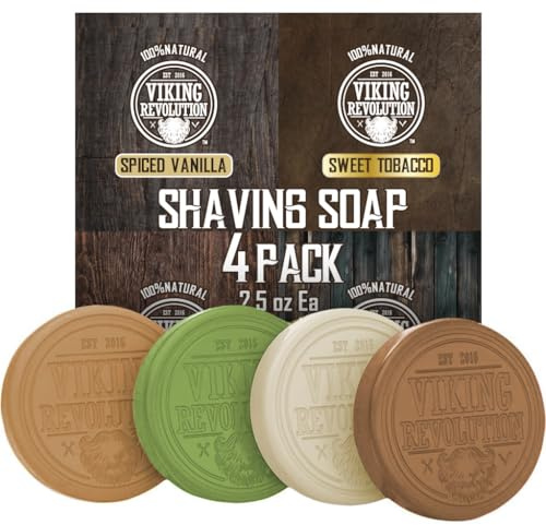 Viking Revolution Shaving Soap for Men - Shave Soap for Use with Shaving Brush and Bowl for Smoothest Wet Shave, Shaving Soap Puck - 4 Pack Variety, Each Pack 2.5oz (Vanilla, Bergamot, Tobacco, Oud)