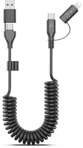 4 en 1 en Espiral Cable de Carga, MFi Certified, Nylon USB/USB-C a Lightning/USB C Cable, 60W de Carga Rápida iPhone Cable Leads for iPhone 15 14 13 12/iPad/Android/Laptop, Support Apple CarPlay