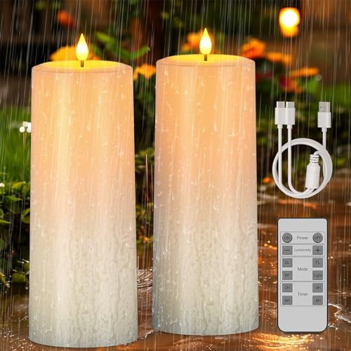 PChero Solar Wiederaufladbare Kerzen mit Fernbedienung, 2er Set Elektrische LED Kerzen Aufladbar Flackernd mit Timerfunktion Outdoor Solarkerzen Außen Wasserdicht für Draußen Garten Terrassen Deko