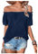 GORGLITTER Women's Off Shoulder Frill Trim Blouse Shirt Short Sleeve Tunic Tops Dark Blue L