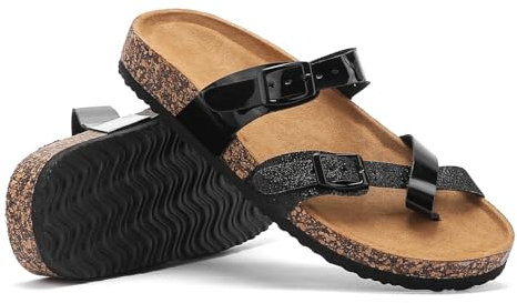 Zehentrenner Pantoletten Damen, Bequem Clogs Rutschfeste Sandalen, Flip Flops Kork-Fussbett Leder Sommer Schlappen, Hausschuhe mit Natur Kork Sommerschuhe Mules Slides