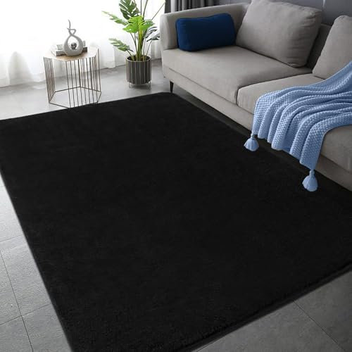 Tappeto nero 120 x 170 cm, per soggiorno, super morbido e shaggy, per camera da letto, moderno, in tinta unita, lavabile in lavatrice, antiscivolo