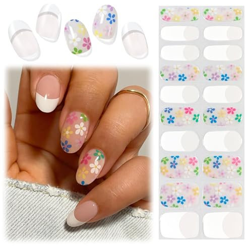NATOSU 20 tiras de gel para uñas de gel con diseño de flores francesas, endurecidas por rayos UV, para uñas de casa, para manualidades
