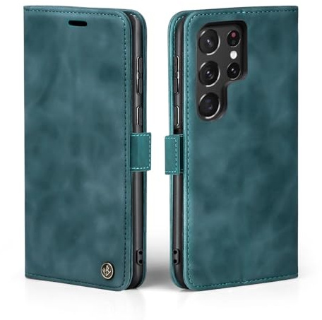 LBH Handyhülle für Samsung Galaxy S22 Ultra in Petrol Blau mit Karten- und Geldfach Smartphone Hülle mit Standfunktion Flip Case Schutzhülle Magnetverschluss Vintage