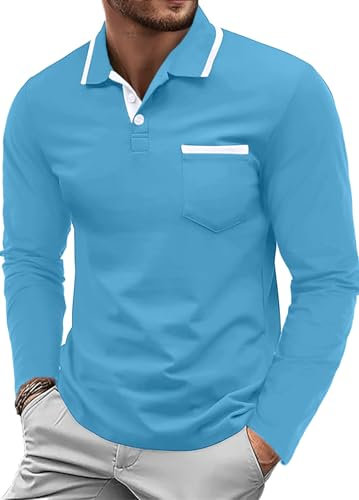 QIXING Herren Langarm Golf Poloshirt - Klassisches Baumwoll-T-Shirt Mit Brusttasche, Casual Pullover (Blau, L)
