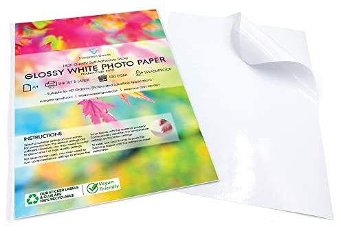 Evergreen Goods A4 Weiß Glänzend Bedruckbar Aufkleberpapier | 200 Blatt | Tintenstrahl- und Laserkompatibel | Spritzwassergeschützt Foto | Ideal für Produktkennzeichnung, Basteln, Scrapbooking