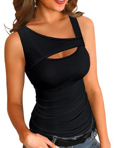 Basicspace Damen Ärmelloses Weite Seite Top Slim Sexy Tank Top Basic Sports Style Schwarz Tank Top(Schwarz,S)