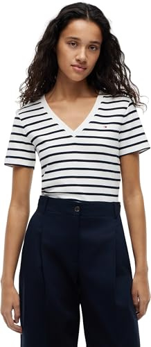 Tommy Hilfiger Camiseta de Manga Corta Mujer New Slim Cody con Cuello de Pico, Multicolor (Breton/ECU/Dark Night Navy), XXXL