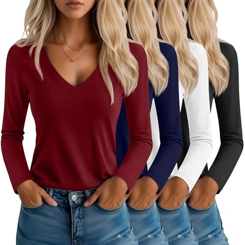 Neer 4 Pack Women's T-Shirts V Neck Long Sleeve Casual Tops Loose Fit Fall Basic Layering Shirts Straight Hem Plain Soft Tees(Black, Navy Blue, Wine Red, White,Large)