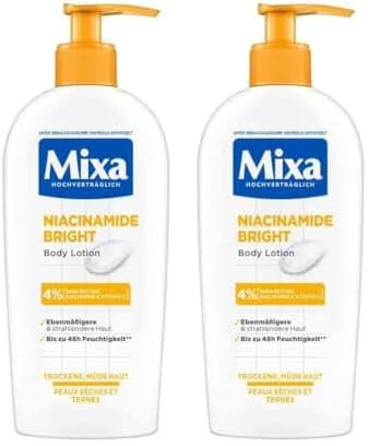 Mixa feuchtigkeitsspendende Bodylotion, Geeignet für Gesicht, Körper & Hände, Für trockene & müde Haut geeignet, Niacinamide Bright, Hypoallergen, 250 ml (Packung mit 2)