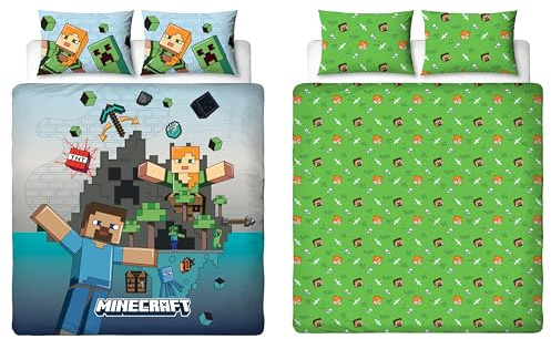 Minecraft Character World Offizielles Film-Bettbezug-Set für Doppelbett | Wendbare Bettwäsche im Level-Design, 2-seitig, inklusive passender Kissenbezüge | Doppelbett-Set