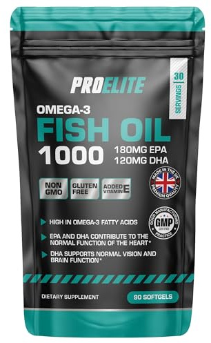 Fish Oil Softgels 1000mg 90 Softgels | High Strength Omega 3 with 180mg EPA & 120mg DHA Fatty Acid Supplement | Daily Support for Men & Women by PROELITE