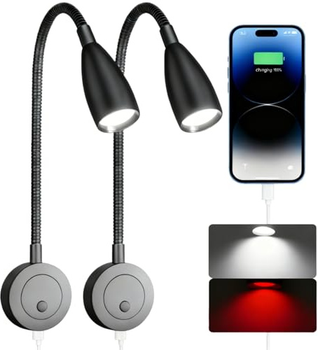 camperxlite 2 Stück 12V LED Leselampe Wohnmobil, 2W Flexible Dimmbar Leuchten 24V Wandmontag mit USB-C 20W für Wohnwagen Camper Boot Van Yacht Lkw Kombi (Schwarz, 4000K)