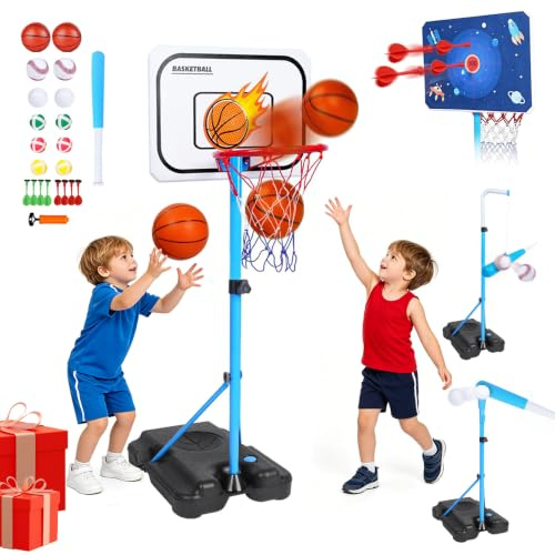 4 en 1 Canasta Baloncesto Infantil Ajustable Canasta de Baloncesto para Niños con Dardos y Juego de Béisbol, T-Ball Colgante y Soporte Interior y Exterior Juguete Deportivo 3-12 Años