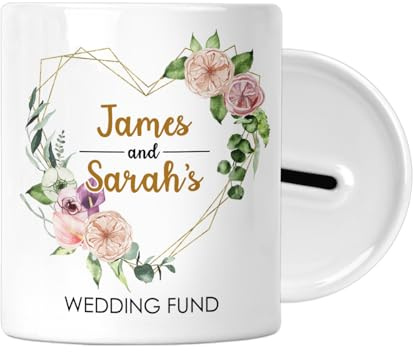 Personalised Wedding Fund Money Box - Piggy Bank - Custom Engagement Gift for Couples, New Fiancé Gift, Wedding Savings Jar, Money Pot, Floral Heart