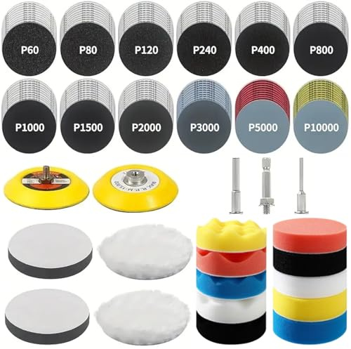 50mm Schleifscheiben Klett Set, Scheinwerfer Schleifpapier Aufbereitung Set | 200 Stück Nass Trockene Schleifpads und Polierpad mit 60-10000 Körnung für Akkuschrauber Dremel Zubehör Metall Holz und Glas