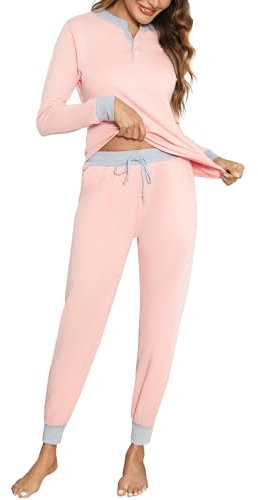 Aseniza Pyjama Femme Hiver Coton Ensembles de Pyjama Femmes Chauds Manches Longues Vêtements de Nuit Couleurs Contrastées Ensemble Pyjamas Tenue de Nuit Vêtements de Détente Loungewear Rose M