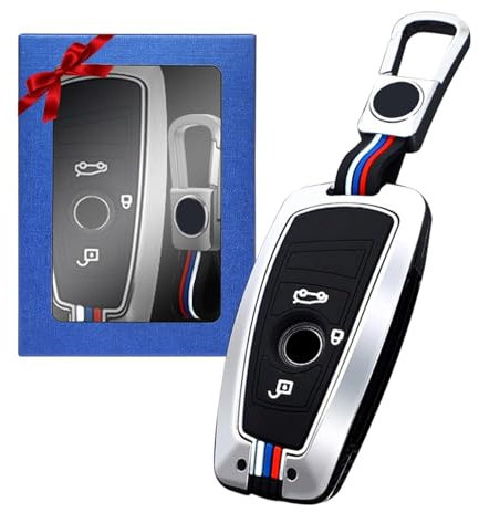 Yumzeco Zinklegierung Autoschlüssel Hülle Keyless Kompatibel mit BMW 1er 3er 5er F10 F11 F20 F25 F30 F31 F34 X3 X4 I3 M3 M4, Silicone TPU Schlüssel Cover Schutzhülle mit Schlüsselanhänger Silber