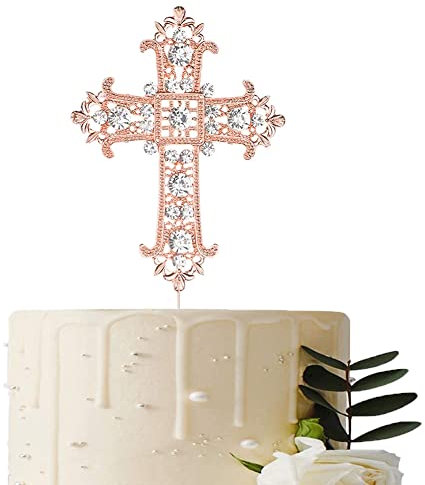 Kreuz Tortendeko Roségold Taufe Konfirmation Kommunion Cake Topper Diamantkreuz Kuchen Deko (Roségold)