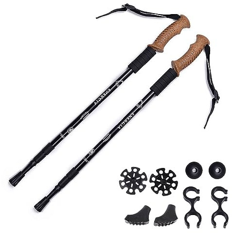 ThreeH 2 Pack Trekkingstöcke Verstellbare Wanderstock mit Kork Griffe Anti Shock Teleskop Wanderstöcke Leichtgewicht Wanderstöcke Schwarz