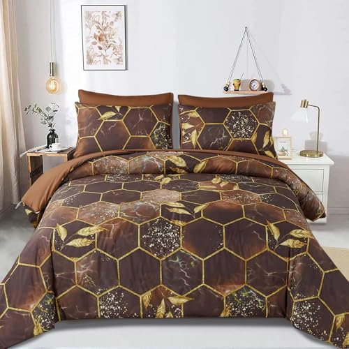 Freyamy 3D Marmor Bettwäsche 135x200cm 4teilig Braun Gold Geometrische Marmormuster Luxus Bettwäsche 100% Mikrofaser Bettbezug 2 Bettdeckenbezüge mit Reißverschluss und 2 Kissenbezug 80x80cm