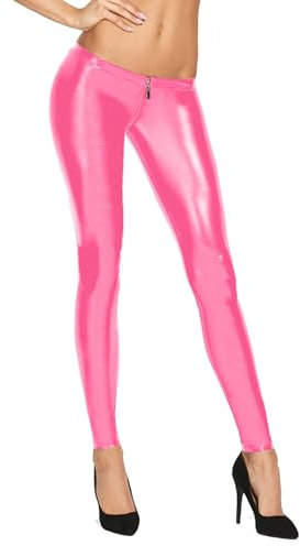 7Heaven Pinke Damen Wetlook Leggings mit Gummibund und 2-Wege-Reißverschluss Lange Hose Skinny L