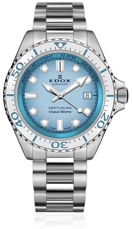Edox 80801-3BBUM-BUCDN Neptunian Grande Reserve Date Automatik 42 mm Herrenuhr, automatisches Edelstahlarmband, Farbverlauf blaues Zifferblatt, blau, Farbverlauf blau, Armbandtyp