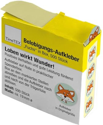 TimeTEX - Belobigungs-Aufkleber Fuchs | Lehrersticker für motivierendes Feedback | 500 Sticker in praktischer Spender-Box | 1 Motiv | 19 mm ø