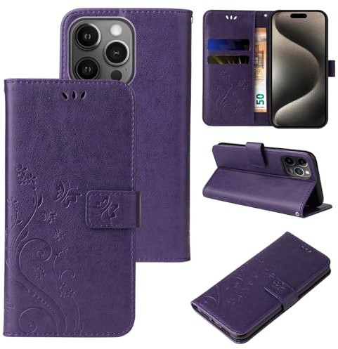LBH Handy Hülle für Apple iPhone 15 Pro Case Handytasche Schmetterling Blumen Flower Standfunktion Schutzhülle Magnet Rundum Schutz 360 Grad Flipcase Cover Violett