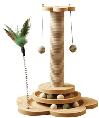 Large Sisal Cat Scratching Post - Cat Ball Track Toy Activity Tower 4 in 1 Cat Tree with Hanging Sisal Ball | Interactive Cat Toy for Indoor Play