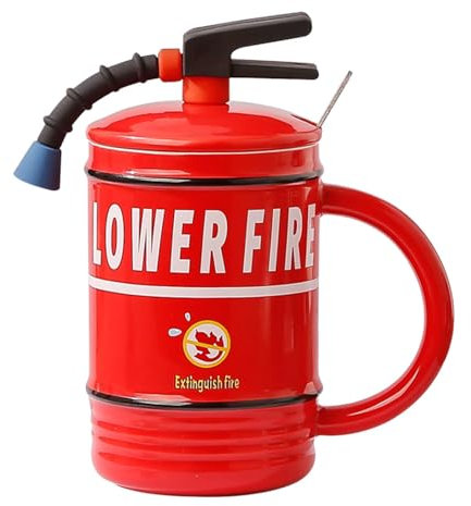 Tasse d'extincteur – Tasse à café d'urgence de 480 ml, tasse à thé en céramique, cuillère amusante avec couvercle | Mug humour pompier, tasse à café extincteur, tasse à café pompier en pompier-G