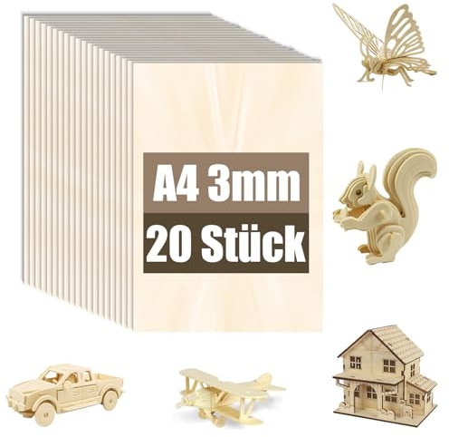 20 Pezzi Tavola di Compensato di Tiglio A4 3mm | Legno di Tiglio per Modellismo, Taglio Laser, Incisione, Tavole di Legno per Fai da Te e Lavori Artistici(20,A4(297 * 210 * 3mm))