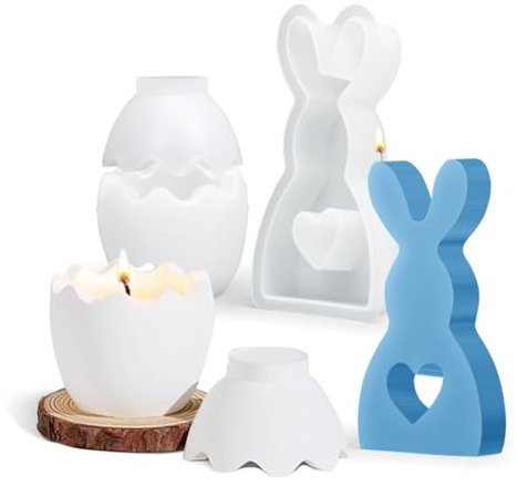 Moule en Silicone Lapin Pâques, Moule en Silicone Oeuf, Moule à Bougie Lapin 3D, Moule en Silicone pour Plâtre, Moule Silicone pour Bougeoir de Pâques Coquille d'oeuf, Moule Pour Cadeaux De Pâques DIY