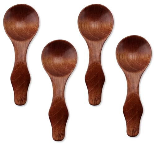 4stk Kleine Holzlöffel, 10cm Phoebe-Holz Mini-Gewürzlöffel Braun Winzige Löffel für Gewürze Runde Holzsuppenlöffel für Salz Zucker Honig Saucen Dips Senf Gewürze Kochen
