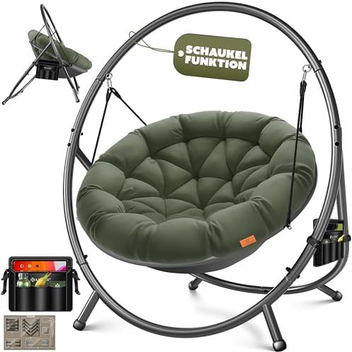 KESSER® Hängesessel mit Gestell Bali Hängeschaukel Hängestuhl bis 150kg für Indoor und Outdoor + Kissen & Seitentasche Hängekorb Stahlgestell & Schaumstoff Sitzpolster ideal für Wohnzimmer & Garten