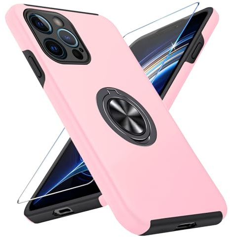 Vaki for iPhone 12 Pro Max Case with Screen Protector, Military-Grade Drop Shockproof Tested Rugged Cover 360° Metal Magnetic Ring Holder Kickstand Phone Case for iPhone 12 Pro Max 5G (Pink)